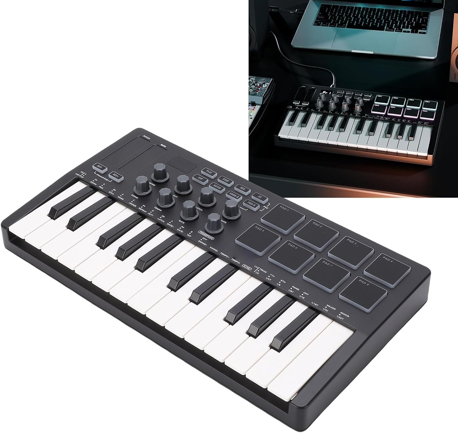 Eujgoov Portable 25 Key MIDI Controller Bluetooth USB 8 Knobs Semi Weighted with Production Software Black for Music Production