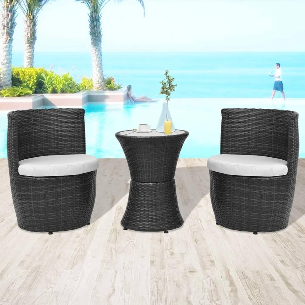 3 Piece Bistro Set with Cushions Poly Rattan Black,Rattan Table and Chair Set with Cream White Cushions for Outdoor Patio and Balcony Patio Furniture Sets, Outdoor Furniture Sets