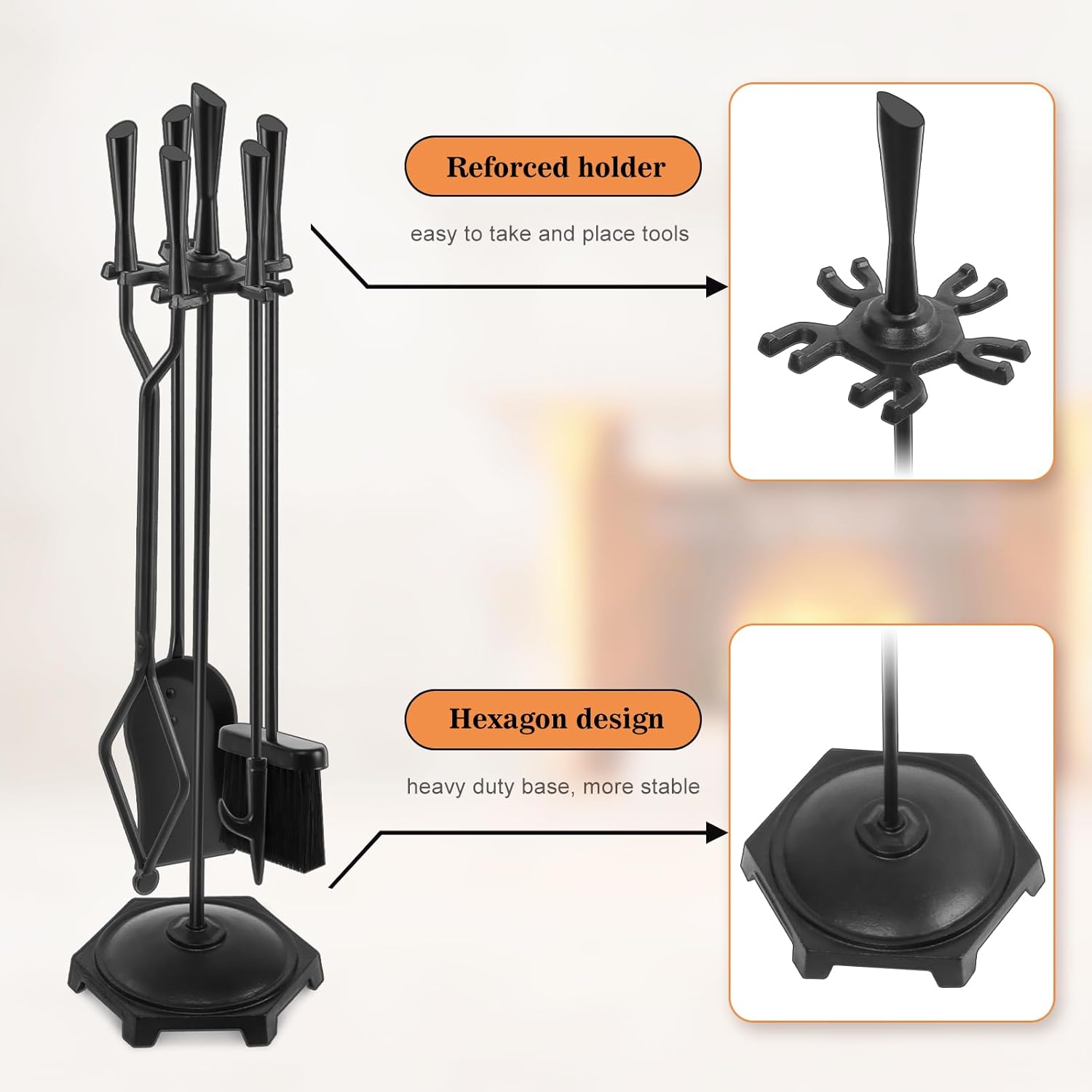 Gtongoko Fireplace Tools Set 5 Pcs 32 Inch Black Bundle Fireplace Bellows Air Blower Cast Nozzle 14.8