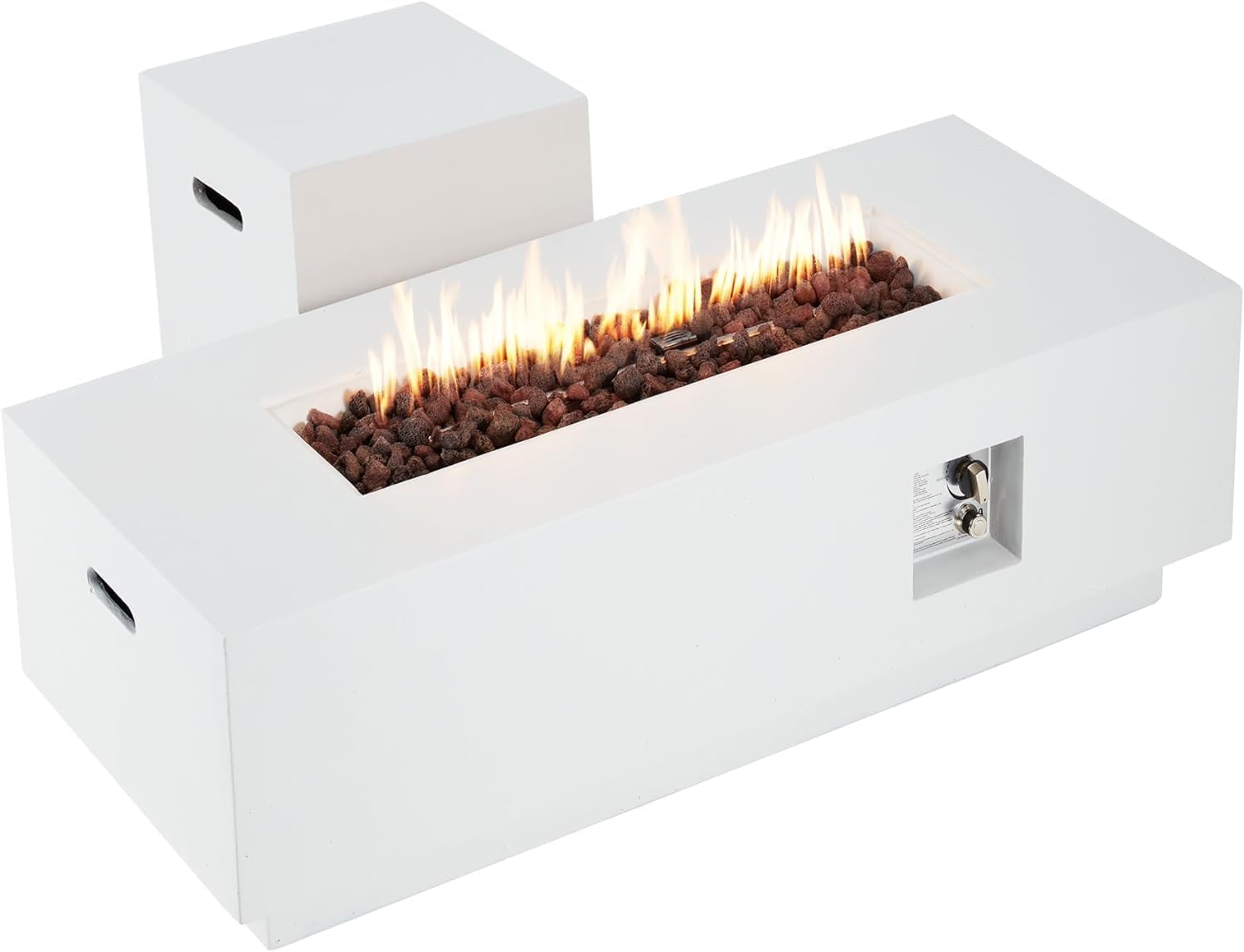 ECOTOUGE 2-Piece Outdoor Propane Fire Pit Table, 50,000 BTU Gas Fireplace with lid and Hideaway Tank Holder, Auto-Ignition 42''Concrete Fire Pit w/Weather-Resistant Pit Cover, Lava Rocks, White
