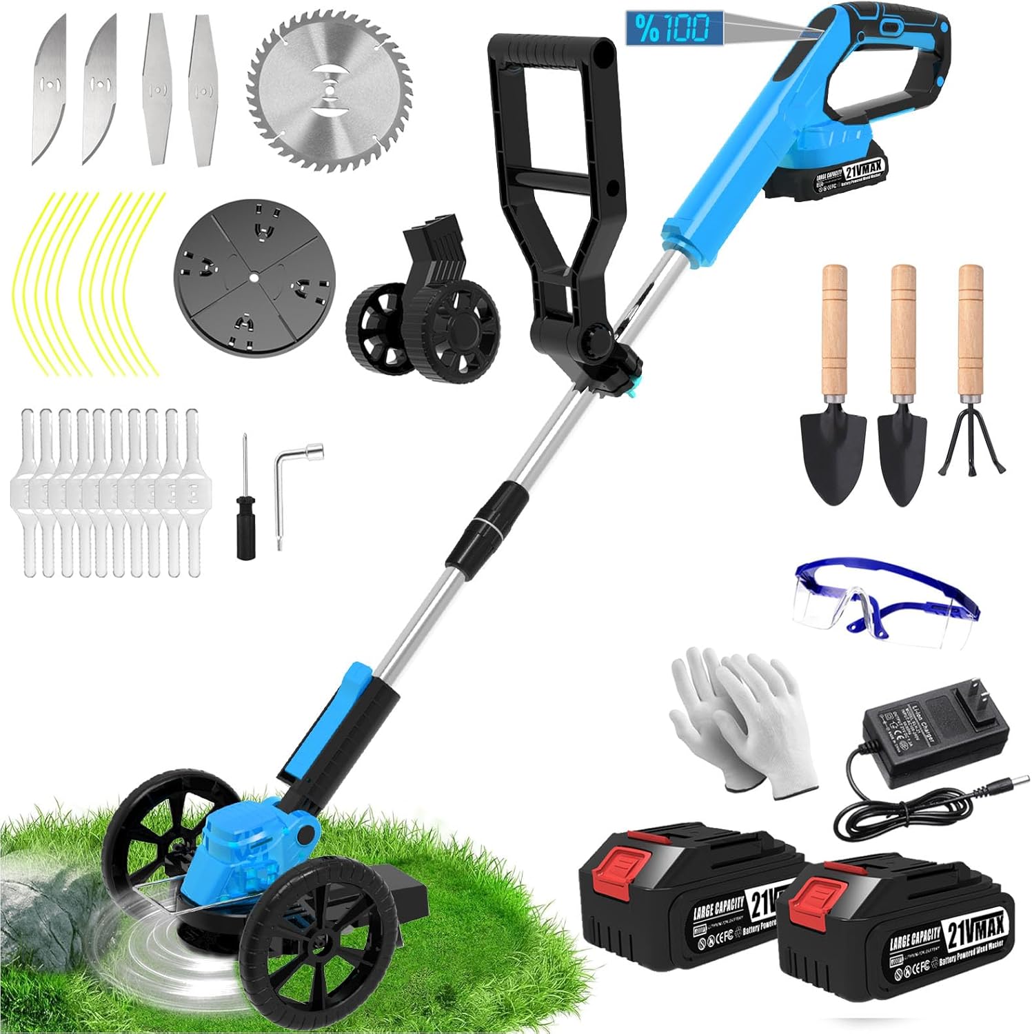 Electric Weed Wacker Cordless Eater Lightweight Edger Battery Powered Grass Trimmer/Lawn Edger/Mower/Brush Cutter, with 5 Types Blades and 2 Types Wheels for Yard and Garden Weeder Tool-Blue