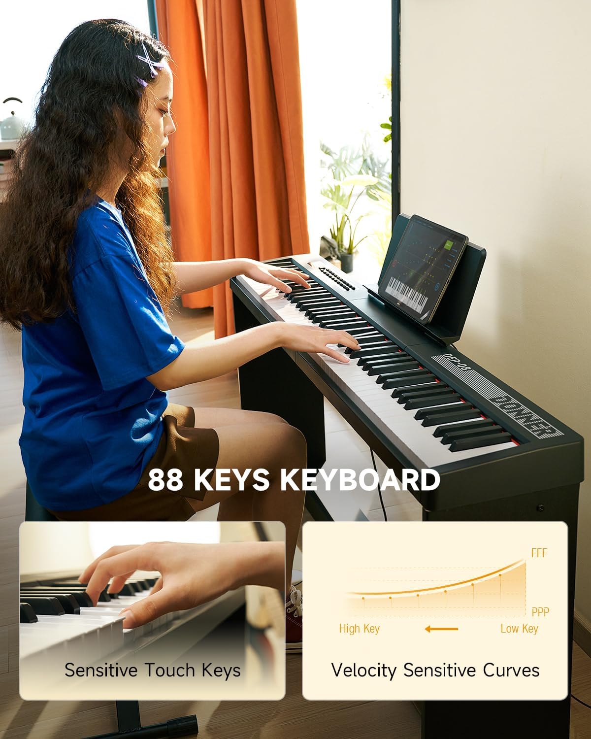 Donner Digital Piano Keyboard Velocity-Sensitive 88 Keys with Removable Piano Stand, Compact Beginner Home Electric Piano with Split Mode, LED Digital Tube for Display, and Triple Pedal DEP-08