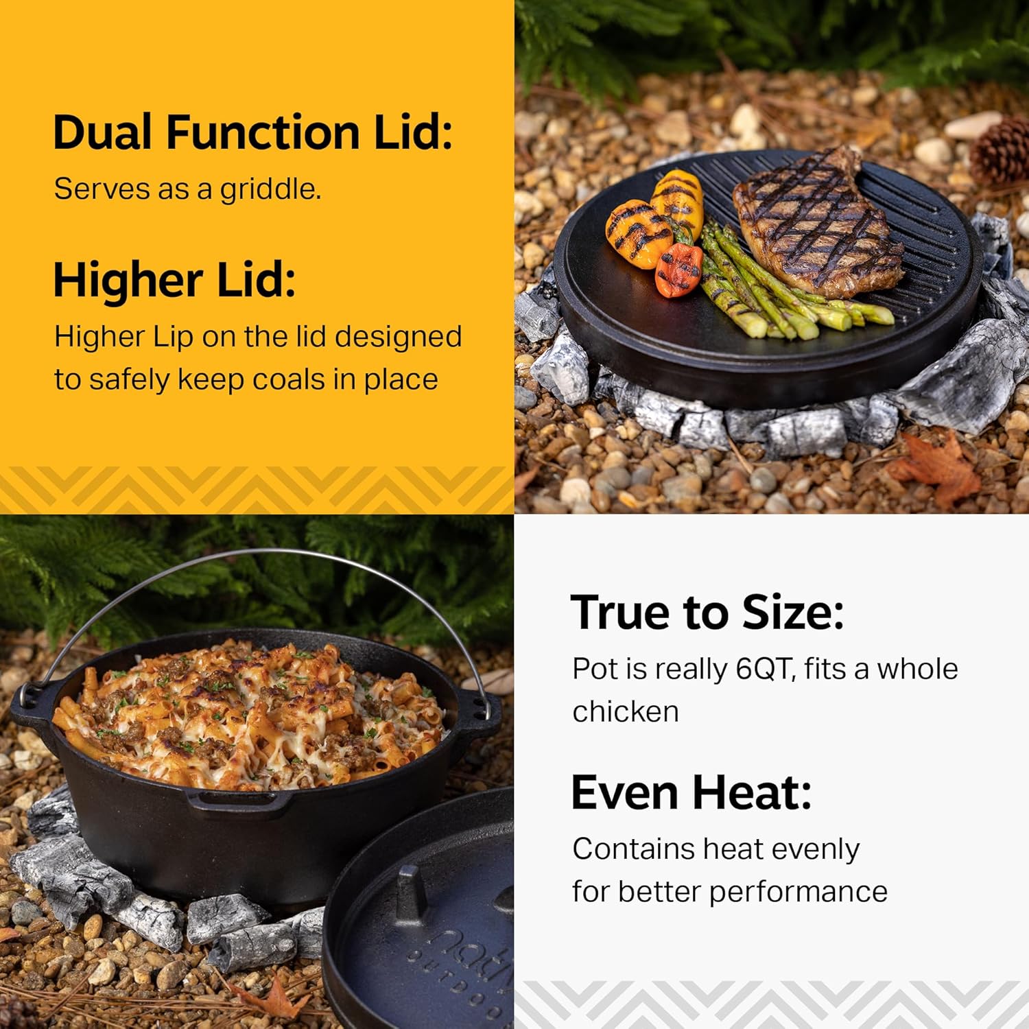 NATIVO 6QT Pre-Seasoned Outdoor Cast Iron Dutch Oven Pot with Multipurpose Lid, Dutch Oven for Camping and Outdoor Cooking using Fire and Coals, With Legs and Reversible Lid Grill
