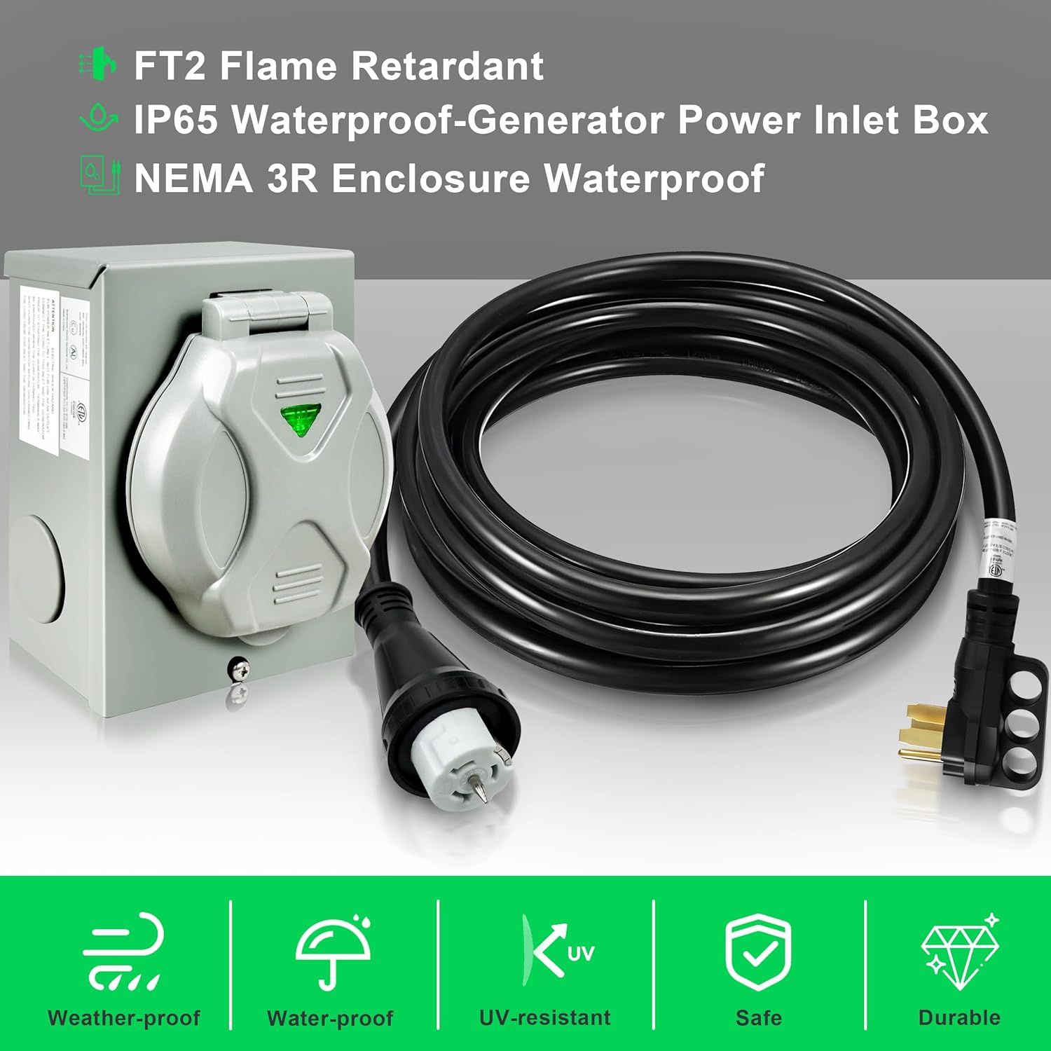 50 Amp Generator Cord 25FT and Pre-Drilled Power Inlet Box, 50 amp Generator Power Inlet Box and Cord, NEMA 14-50P to SS2-50R Generator Cord Combo Kit, STW 6/3+8/1 AWG 125V/250V, Twist Lock Connector