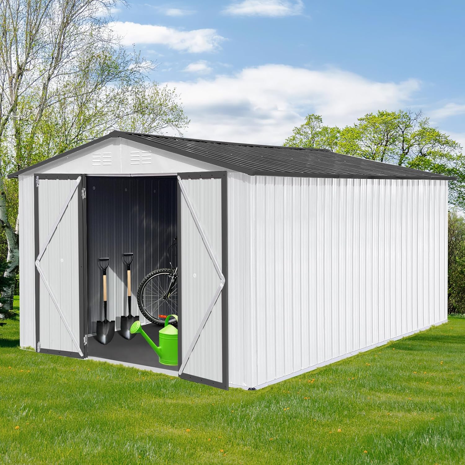 10x12 FT Outdoor Storage Shed, Metal Garden Shed with Lockable Hinged Doors, Large Storage Building with Sloped Roof & 4 Air Vents, Waterproof Outside Tool Shed for Backyard, Patio, Lawn, White+Gray