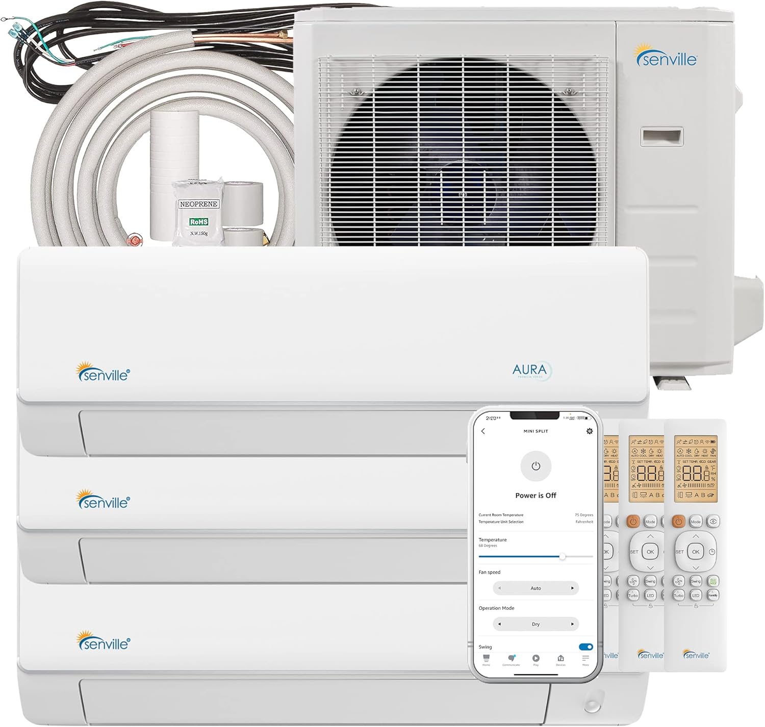 Senville SENA-30HF/T Tri Zone Mini Split Air Conditioner Heat Pump, 28000 BTU, Works with Alexa, White