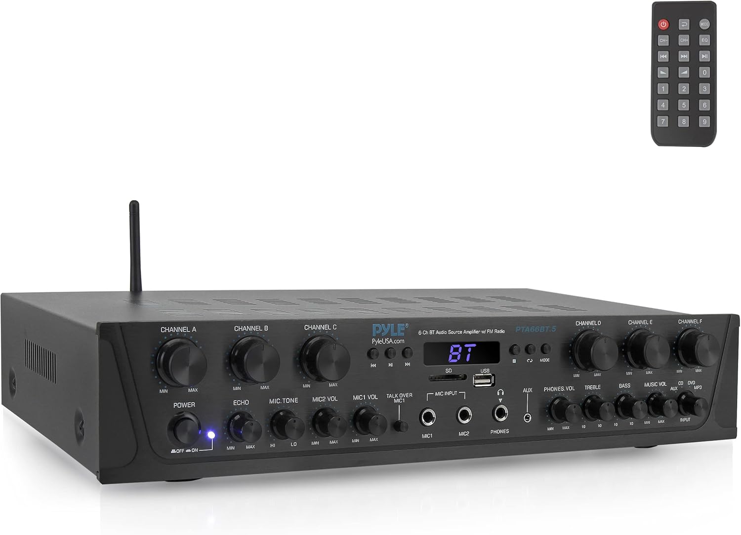 Pyle Wireless Home Audio Amplifier System Bluetooth Compatible Sound Stereo Receiver Amp - 6Channel 600Watt Power, Digital LCD, Headphone Jack, 1/4'' Microphone in USB SD AUX RCA FM Radio- PTA66BT.5