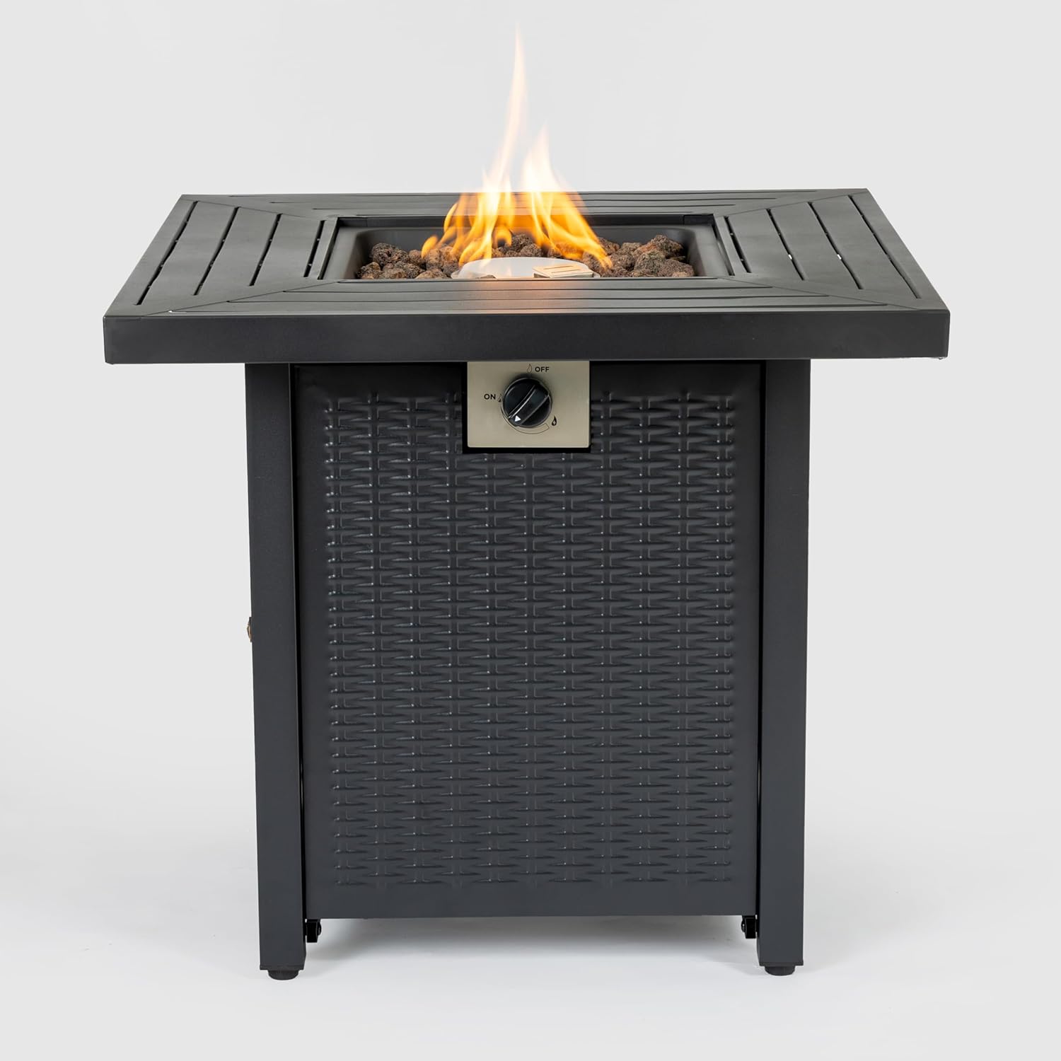 28-inch Iron Square Propane Fire Pit Table, Outdoor Gas Fire Pit Table, Wicker Design, Propane Powered with Decorative Rocks