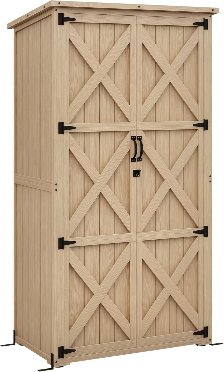 Outsunny Wooden Garden Shed, Outdoor Storage Cabinet with Waterproof Asphalt Roof, Narrow Tool Shed with Shelves and Lockable Doors, Natural