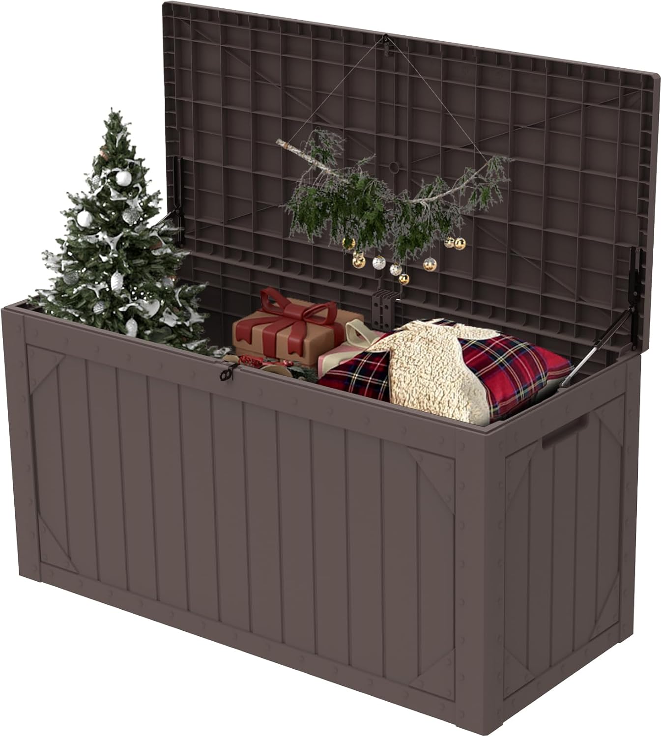 100 Gallon Resin Deck Box, Waterproof Outdoor Storage Box for Patio Furniture, Garden Tools, and Pool Accessories, Lockable UV-Resistant Storage Bin Bench Cabinet for Outside, Brown