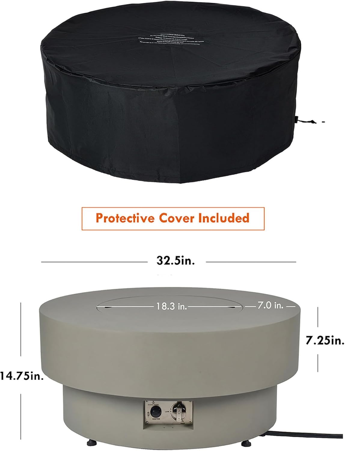 Propane Outdoor Fire Pit Table, Flint & Concrete Look 32.5-inch Round Patio Propane Fire Table 50,000 BTU w/Lid, Glass Rocks, Cover, Pre-Attached 10ft Hose