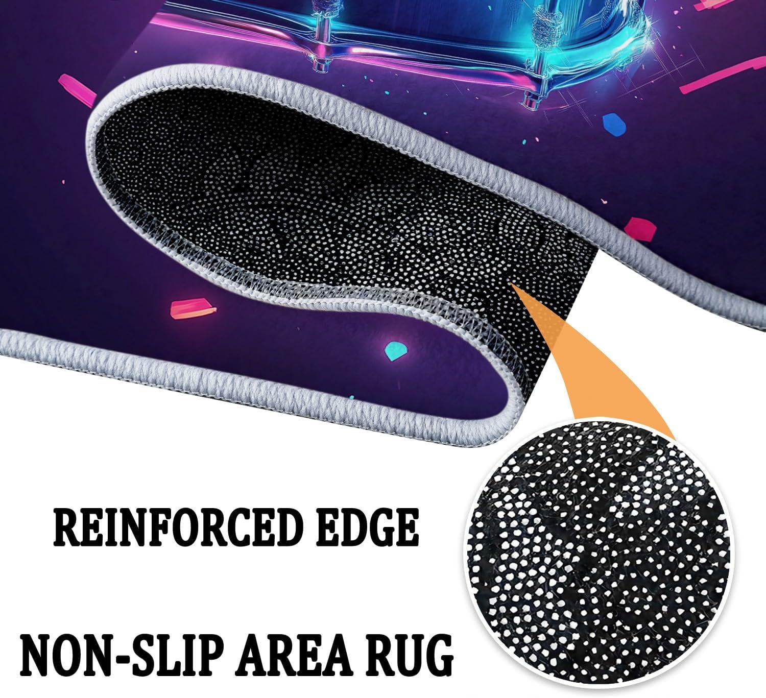 Machine Washable Area Rugs with Non-Slip Backing, Game Art Style Neon Drums Indoor Rug Low Pile Floor Carpet Music Drum for Dining Room Bedroom Dorm Office Home Decor 4x6 ft