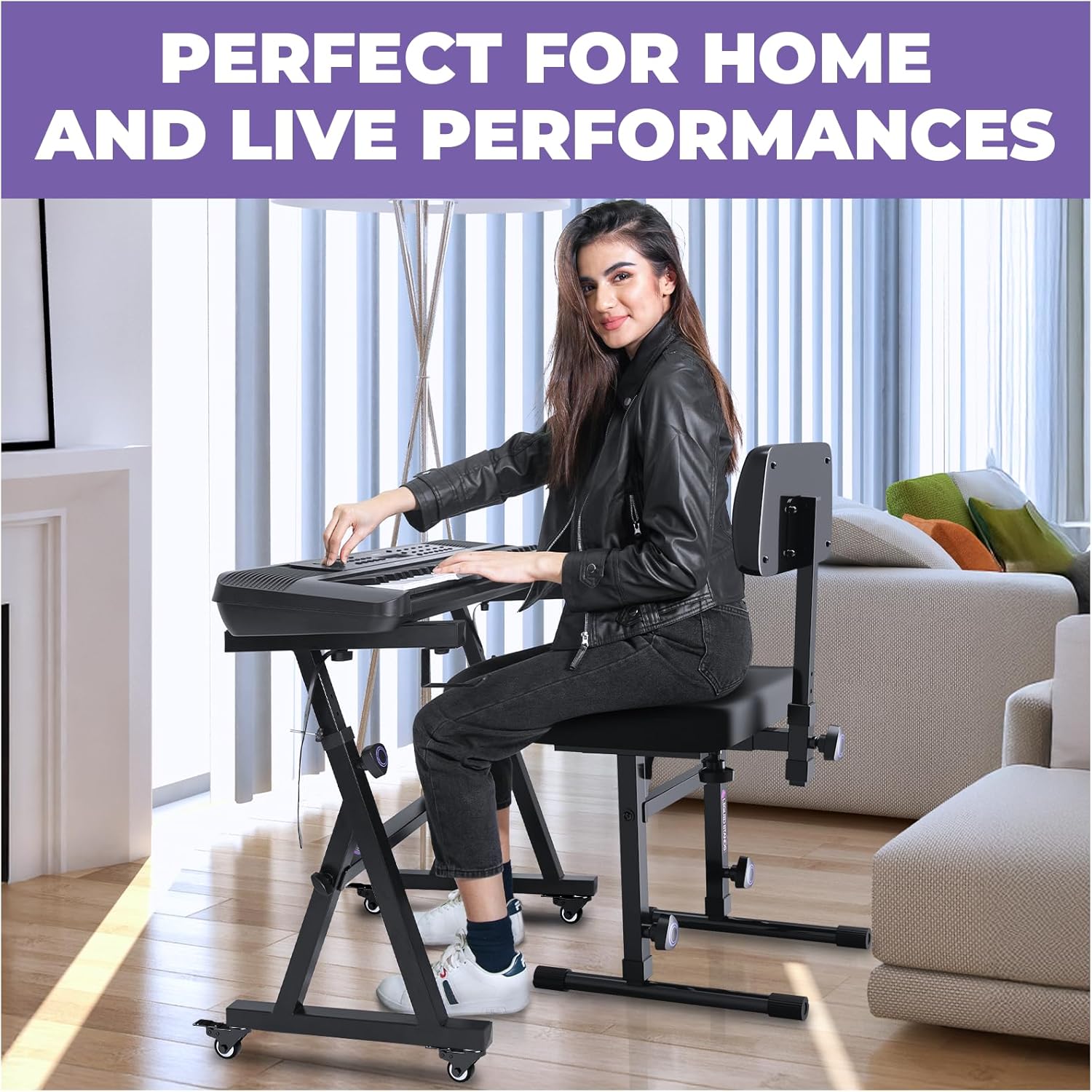 Liquid Stands Piano Keyboard Stand w/ Wheels & Adjustable Bench – Heavy Duty Digital keyboard Piano Stand and Bench for 54–88 Key, Electric Pianos Rack – Portable, Sturdy Music Stool & Seat Set