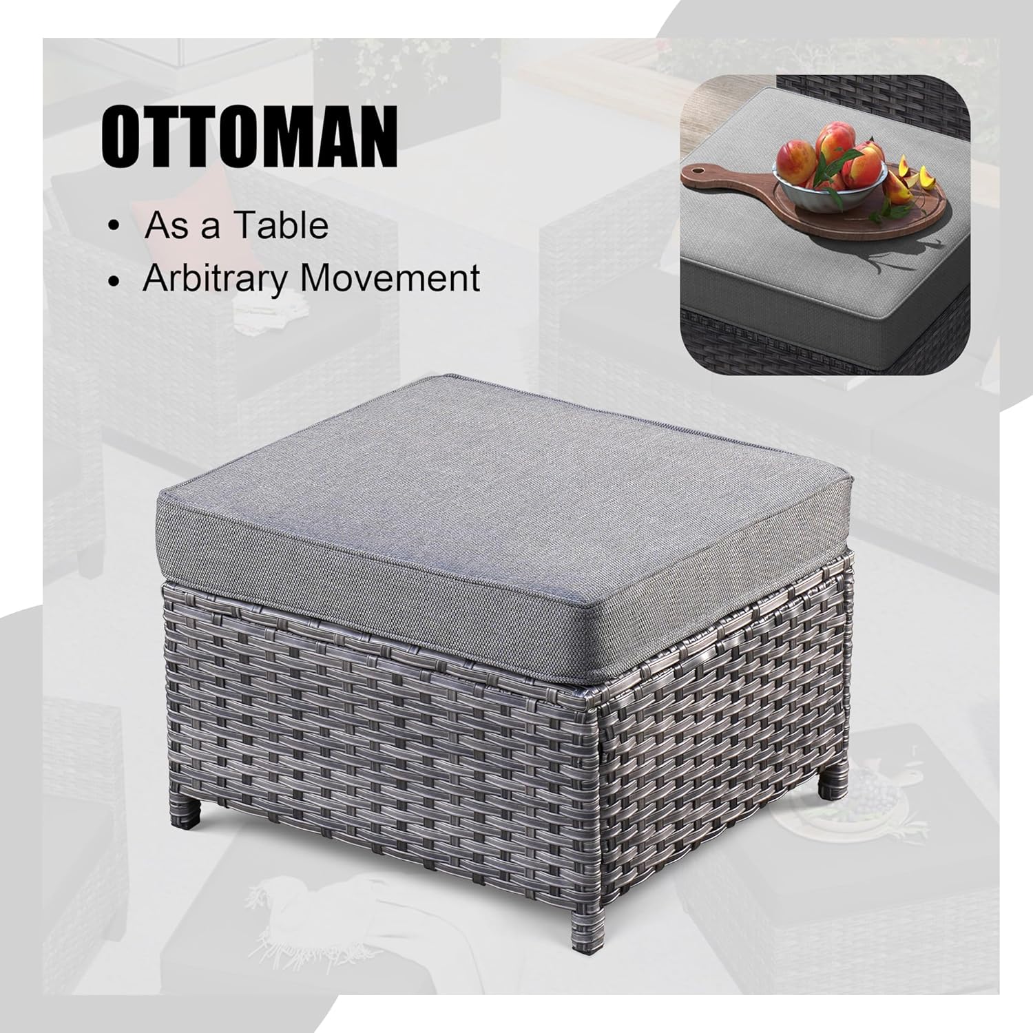 HOOOWOOO Outdoor Patio Furniture Set with Large Fire Pit Table,8 Piece Modern Wicker Couch Sofa Set with Ottoman, Outside All Weather Rattan Conversation Seating Set with Tilt Back(Dark Gray)