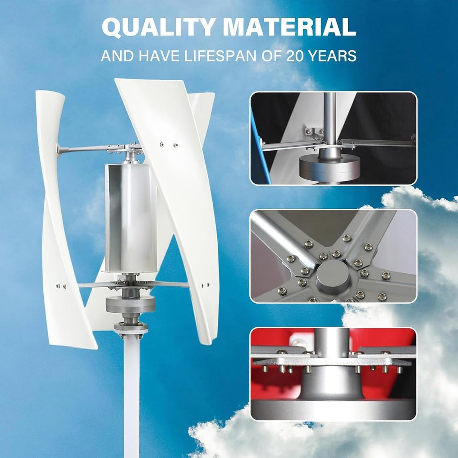 16000W Vertical Wind Turbine Generator Kit 12V 24V 48V 110V 220V Output Wind Turbine with Controller, 3 Blades, Auto Windward Adjustment, Ideal for Boats, Gazebos and Mobile Homes(White,220V)