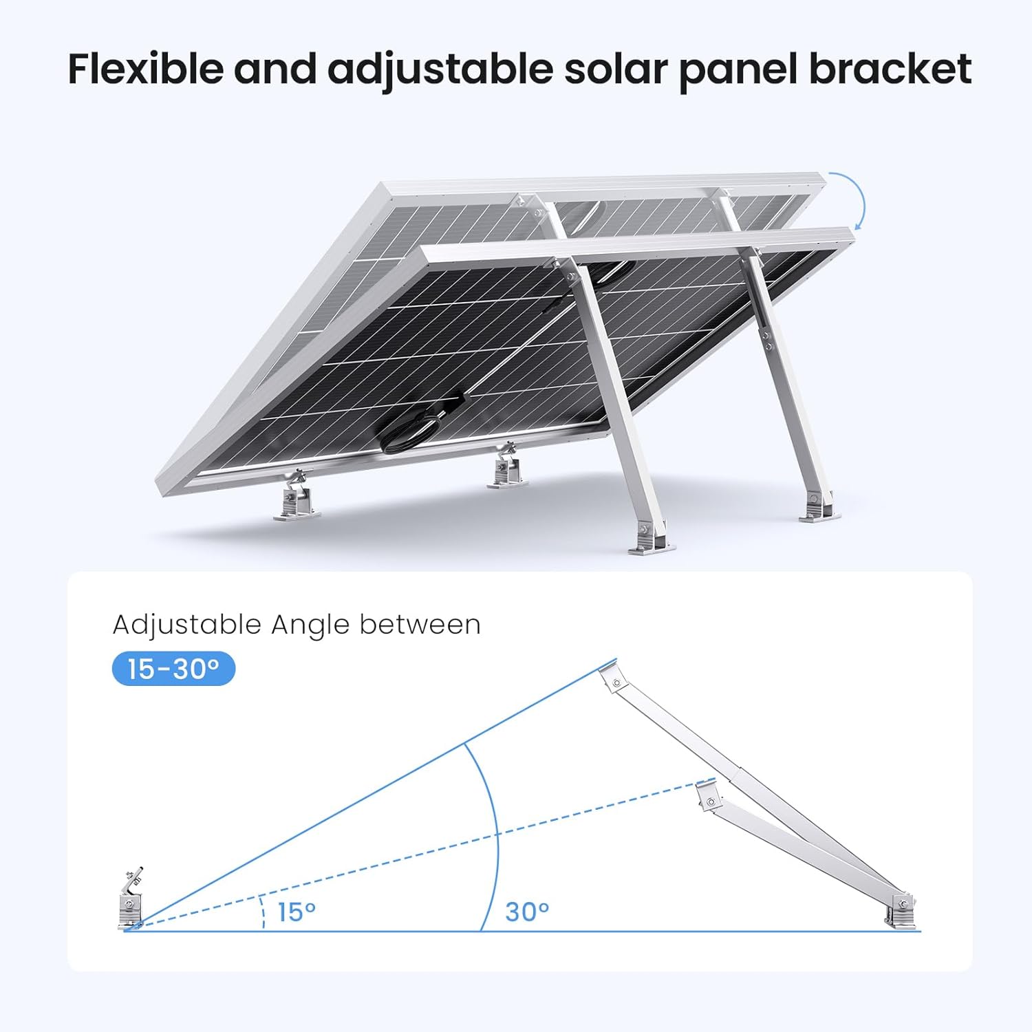 Adjustable Solar Panel Tilt Mount Brackets, Aluminum Alloy Solar Panel Mount,Tilt Angle 15°-30°, Support 50 -400 Watt Panel for Flat Surface, RV, Roof, Boat, Off-Grid (2 Set)