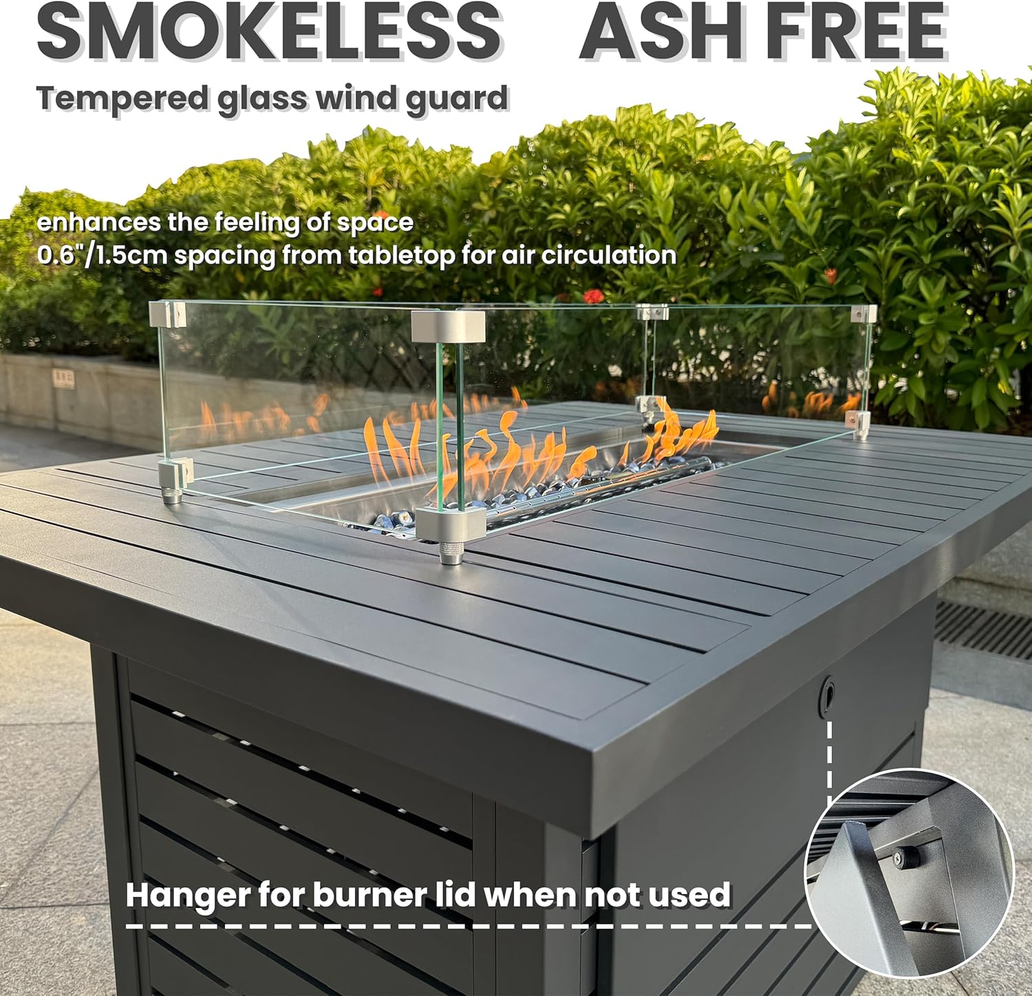 Rectangle Propane Fire Pit Table: 43'' Patio Gas Fire Table 50000 BTU - Rustproof Aluminum Tabletop Firepit Wind Guard Glass Beads - Outdoor Heating for Dining Party Garden Deck - Dark Gray