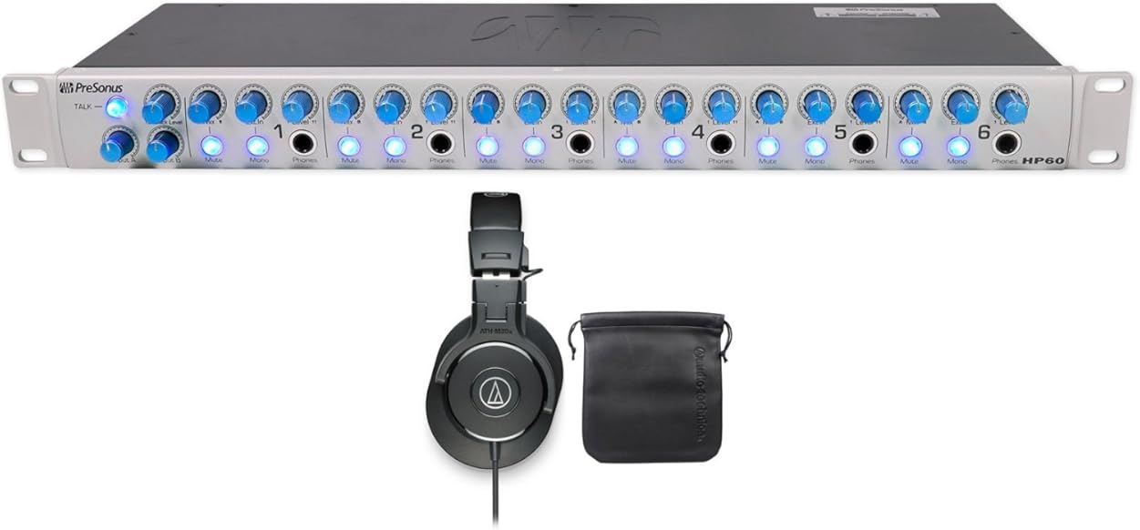 PreSonus HP60 6-Channel Amplifier Headphone Amp w/Talkback & A/B Input Mix Bundle with Audio Technica ATH-M30X Professional Studio Monitor Collapsible Headphones (2 Item)