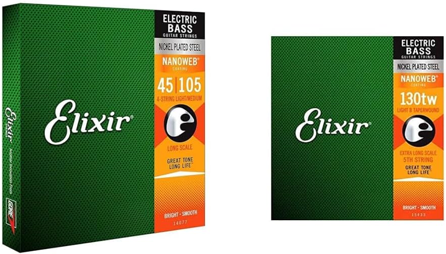 Elixir Strings Nickel Plated Steel 4-String Bass Strings w NANOWEB Coating & Strings Nickel Plated Steel with NANOWEB® Coating, Custom Bass 5th String Single, Light B, Extra Long, Gold