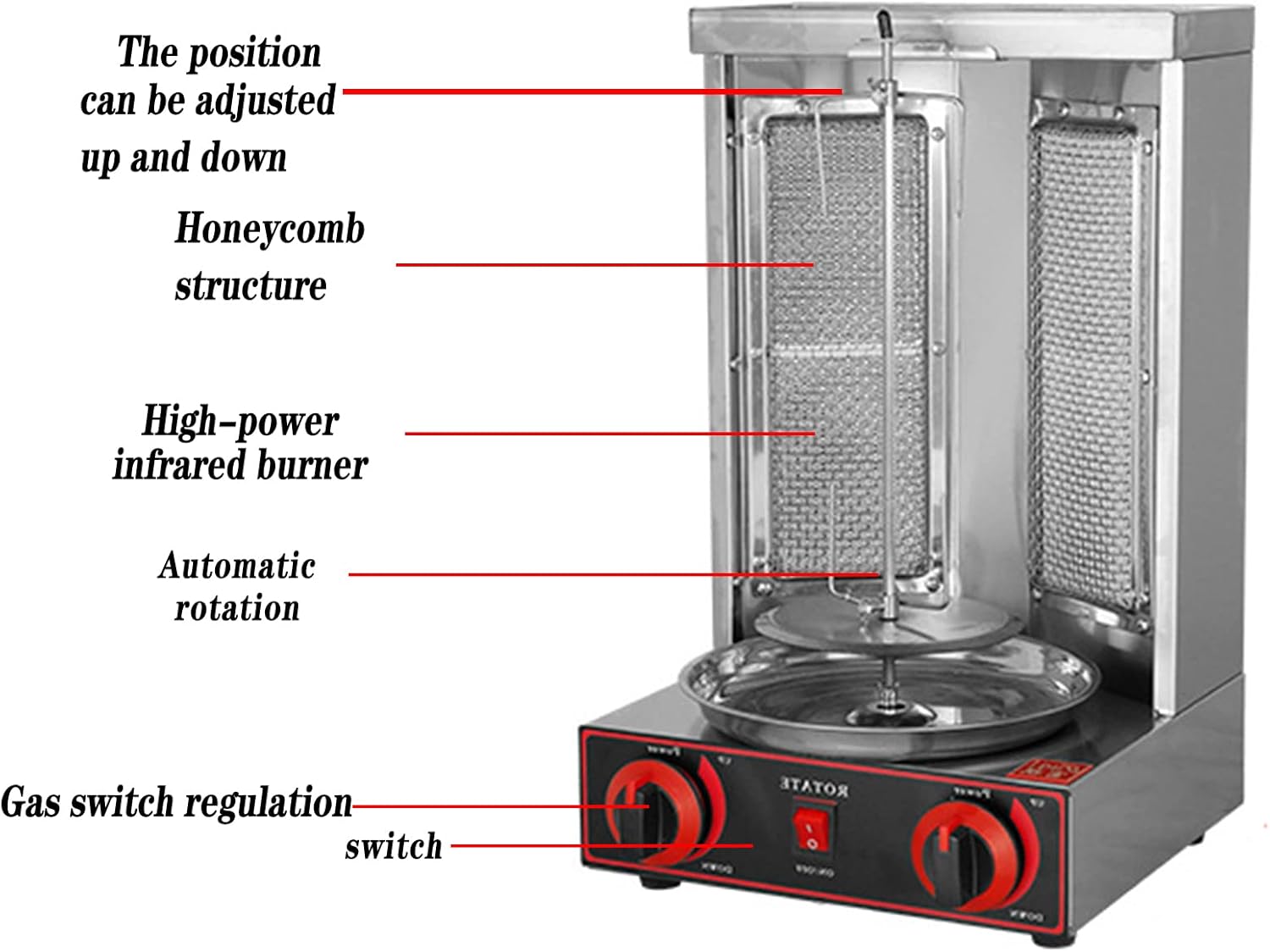 Gas Kebab Machine, Stainless Steel Vertical To Rotate Commercial Grill, With Simple Control Panel, High Density Ceramic Heating Plate And Double Row Cooling Holesfor-One Color-pair