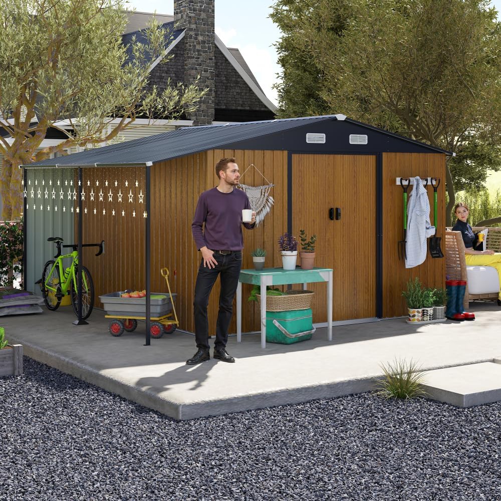 Outdoor 10×12 FT Metal Storage Shed for Backyard – Heavy-Duty Steel Structure with Lockable Double Doors, Weather-Resistant Garden Tool & Equipment Storage House (Yellow + Metal-2)