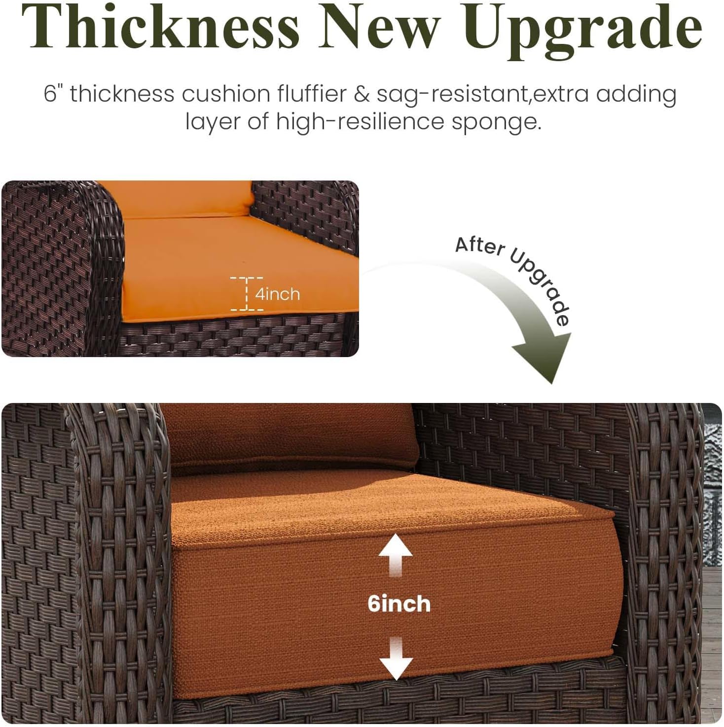 LayinSun 8 Piece Wicker Outdoor Furniture Set with 6-inch Comfy Cushions, High Back Patio Furniture Set with Swivel Rocking Chairs and Fire Pit Table