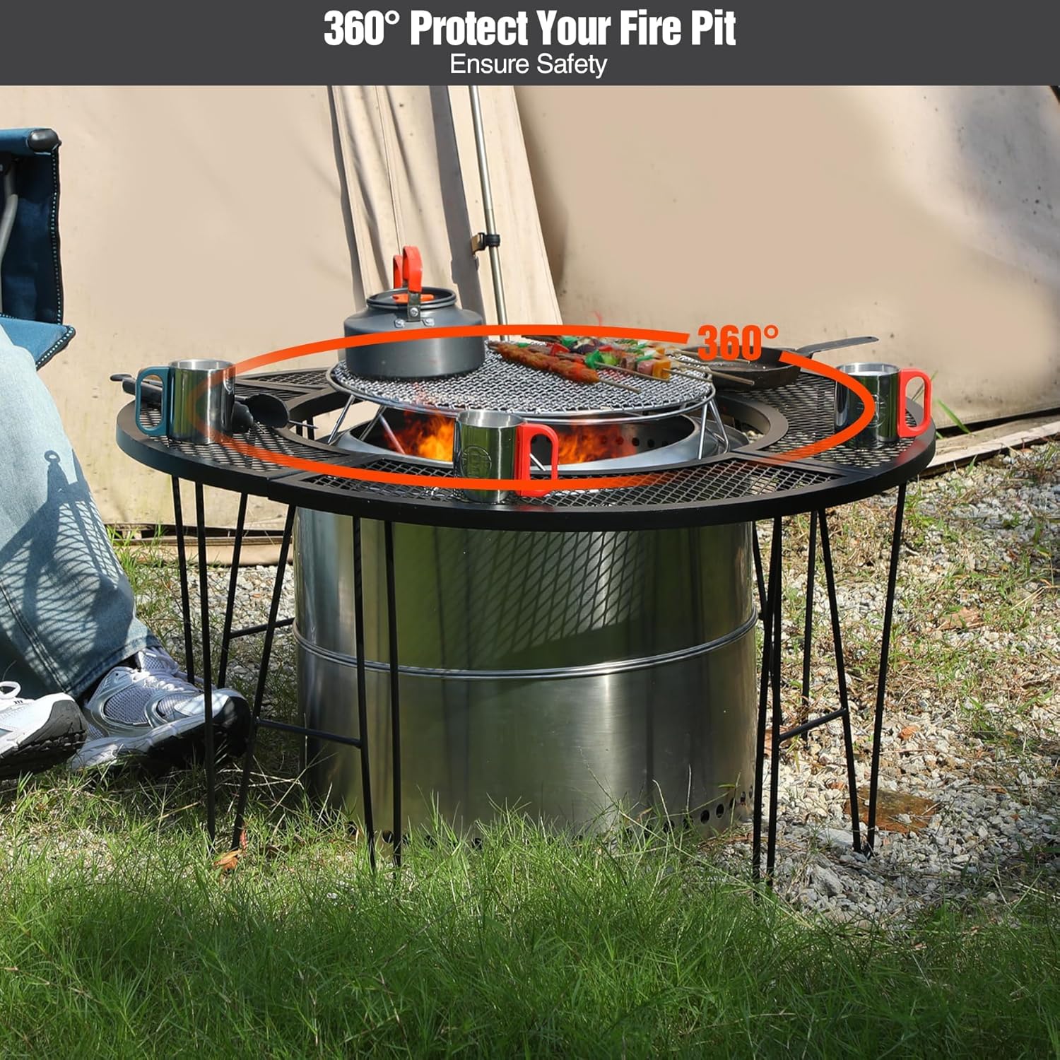 Lineslife Portable Fire Pit Surround Tabletop for Solo Stove Bonfire Ranger, Folding Iron Smokeless Round Fire Pit Table with 21