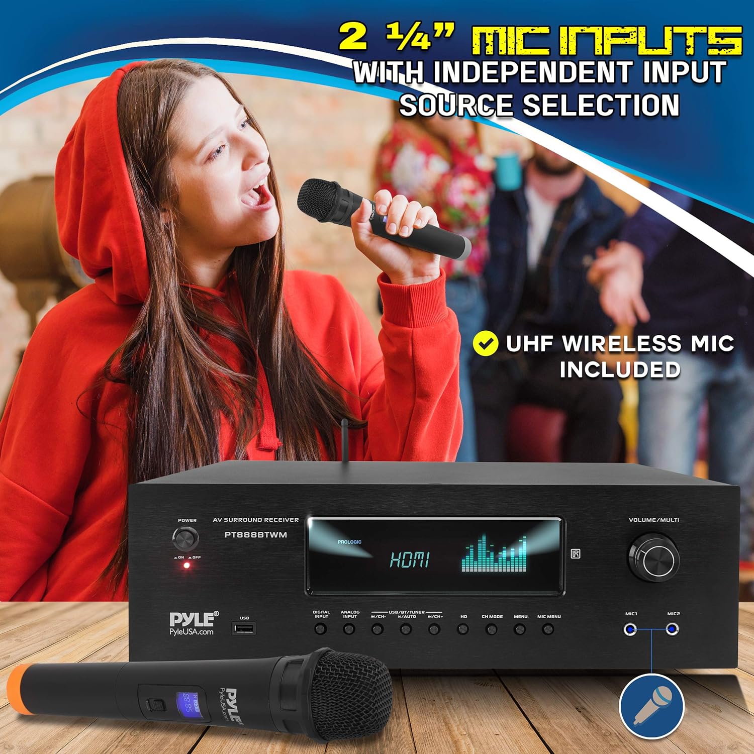 Pyle 1000W Bluetooth Home Theater Karaoke Receiver - 5.2-Ch Stereo Amplifier 2 UHF Wireless Microphone Video Pass-Through Supports, MP3/USB/HDMI/AM/FM Radio - Pyle PT888BTWM.5
