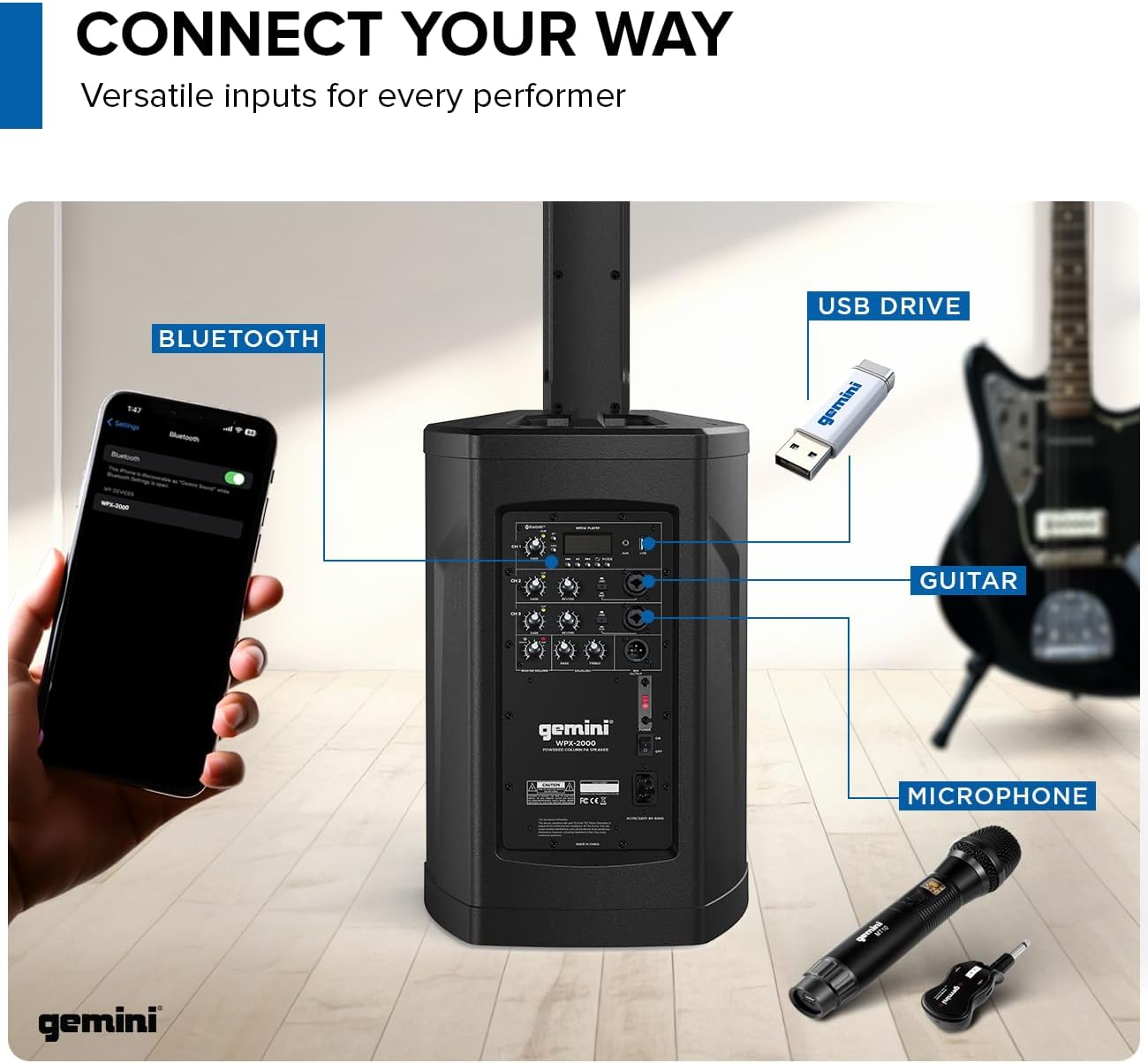 Gemini Powered Line Array PA System with Subwoofer - Column Array Speakers 1200W, Built-in Mixer, Bluetooth Streaming, Adjustable Height Tower Speakers for DJ, Karaoke, Live Performance (WPX-2000)