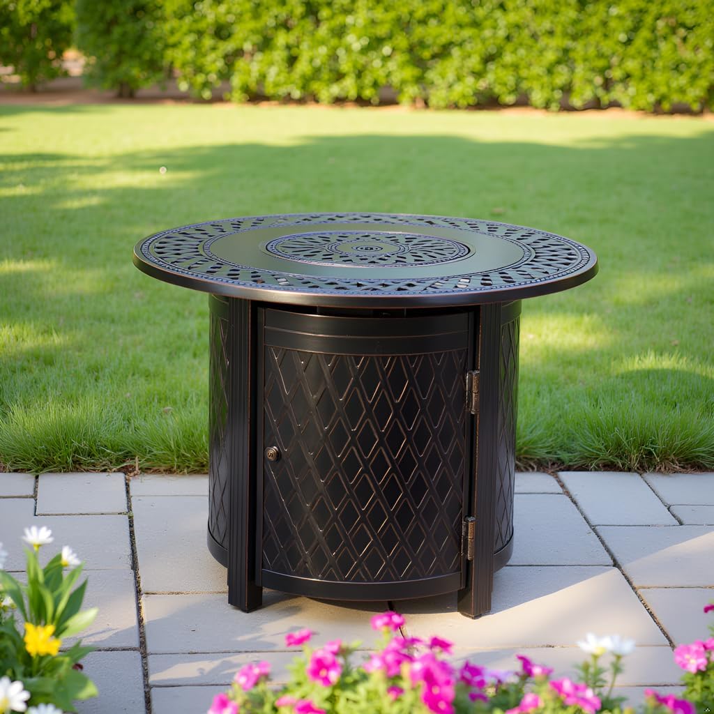 Wagner Woven Aluminum Convertible Gas Fire Pit Table 37,000 BTU Multi-Functional Outdoor with Fire Bowl Lid, Nylon Weather Cover & Clear Fire Glass - Bronze Finish - Round - 33