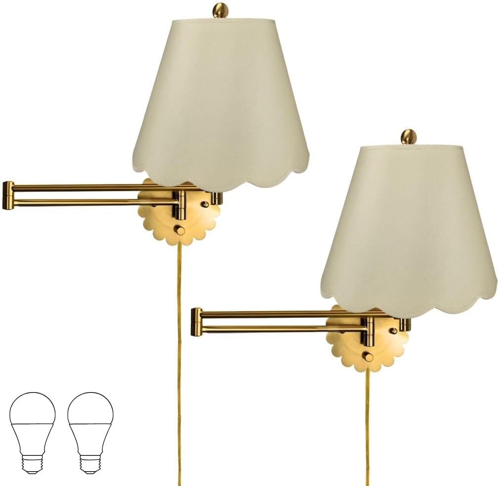 Royal Designs, Inc. Set of 2 Scalloped Swing-Arm Dimmable Wall Lamp - Brushed Satin Brass Lamp with Beige Scallop Hardback Lampshade