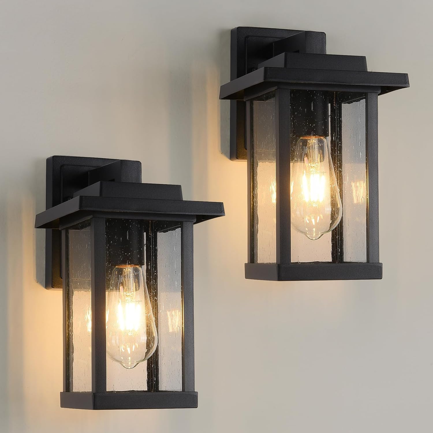 Black Exterior Light Fixtures 2 Pack, Farmhouse Outdoor Wall Sconce, Modern Front Porch Light with Seeded Glass for House Patio Garage Entrace