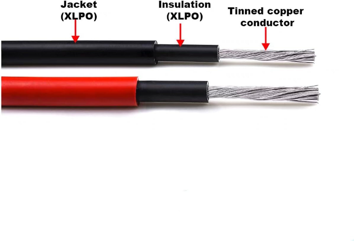 Solar Cable 100Ft 30M 10 awg Wire, 100FT Black + 100FT Red 10 Gauge Wire Solar Extension Cable Wire with 6 Pairs Solar Connectors for RV, Photovoltaic Systems (100, Black red)