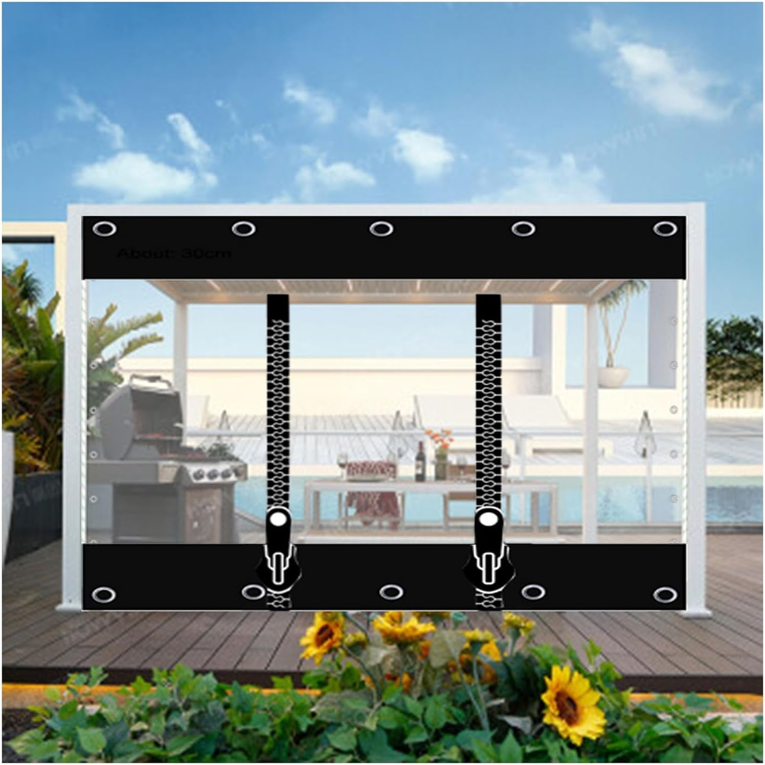 Outdoor Clear Tarp Curtains with Zip Door,Heavy Duty PVC Black Transparent Tarpaulin,0.5mm Thick，Splicing Tarpaulin for Pergola Patio Porch Carport Canopies，Customisable (Size : H3xW10m/H9.8xW32.8ft