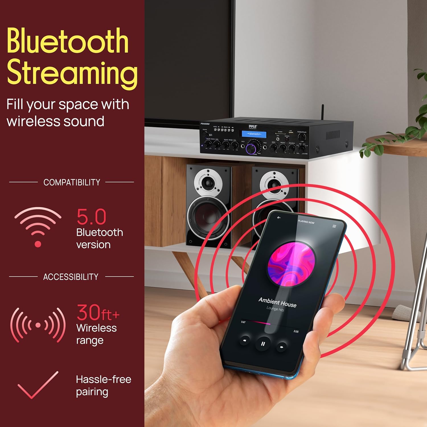 Pyle 200W Wireless Bluetooth Power Amplifier - Dual Channel Stereo Receiver with USB Flash Reader - SD Card - AUX - MIC IN w/ Echo - Radio - Home Theater - Studio Use - RCA Output - PDA65BU