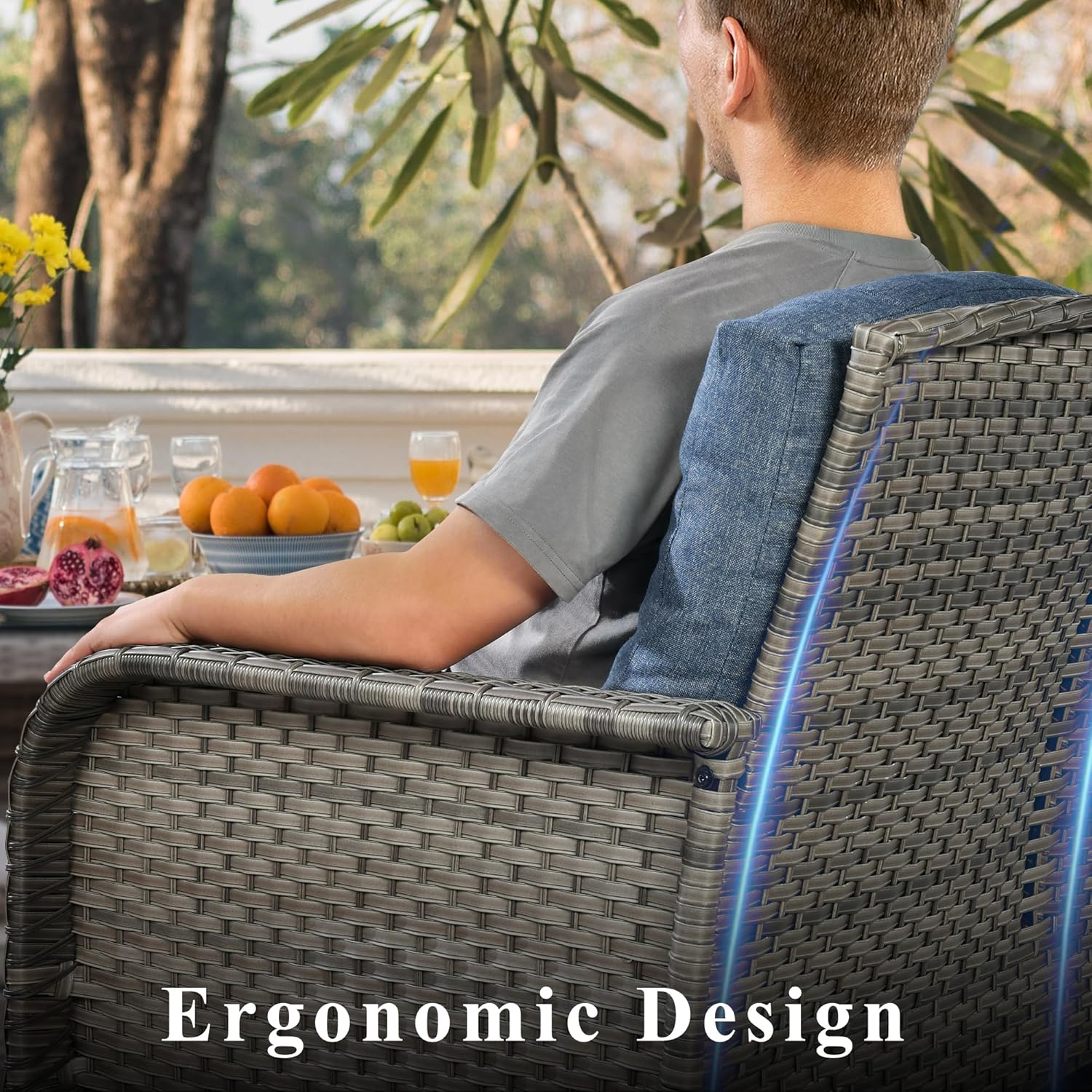 4-Piece Outdoor Patio Conversation Set, Backyard Furniture w/Loveseat, Coffee Table, Wicker Frame - Gray/Blue