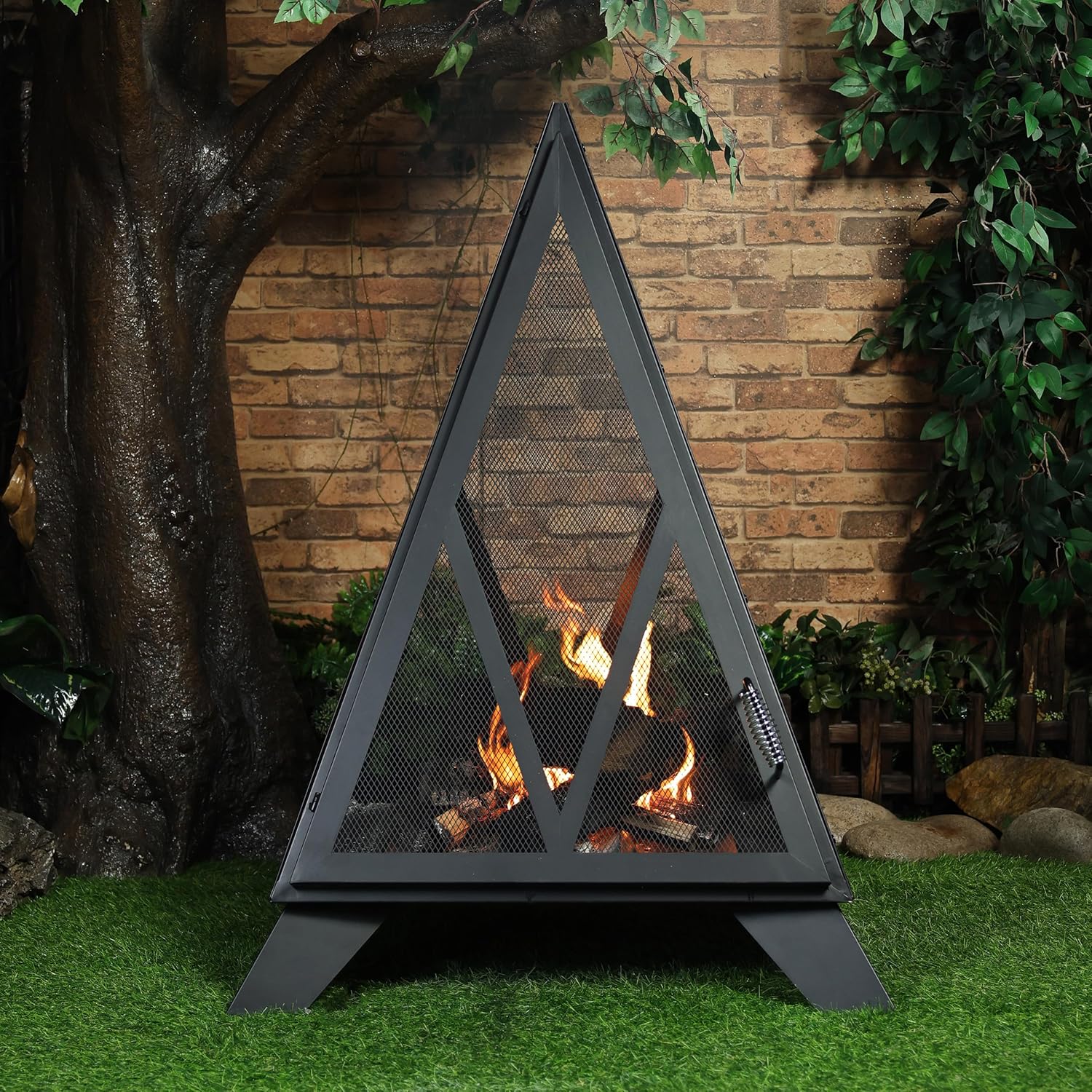 Outdoor Steel Pyramid Wood Burning Fire Pit with Black Powder Finish, Spark Screen, Poker Tool, and Protective Storage Cover