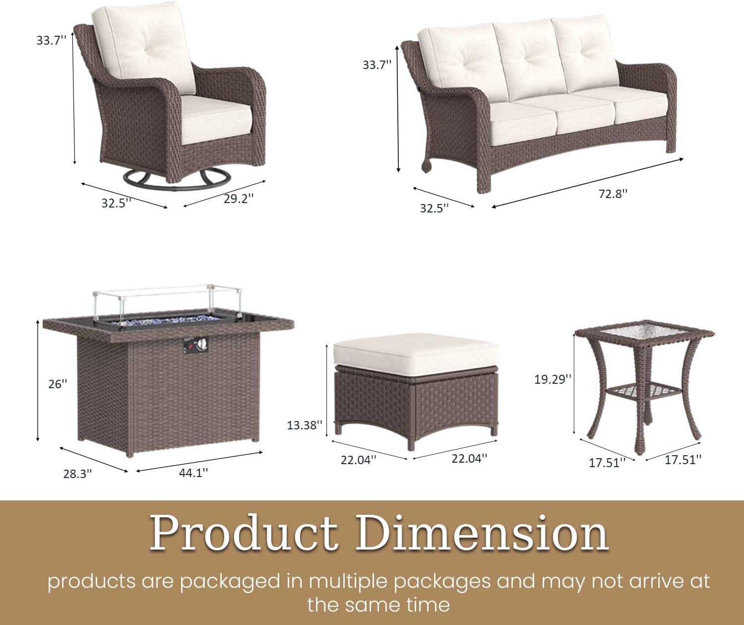 8 Piece Patio Furniture Set with Fire Pit Table, All-Weather Wicker Outdoor Conversation Set with Swivel Rocking Chair and 6 Inch Thick Cushions