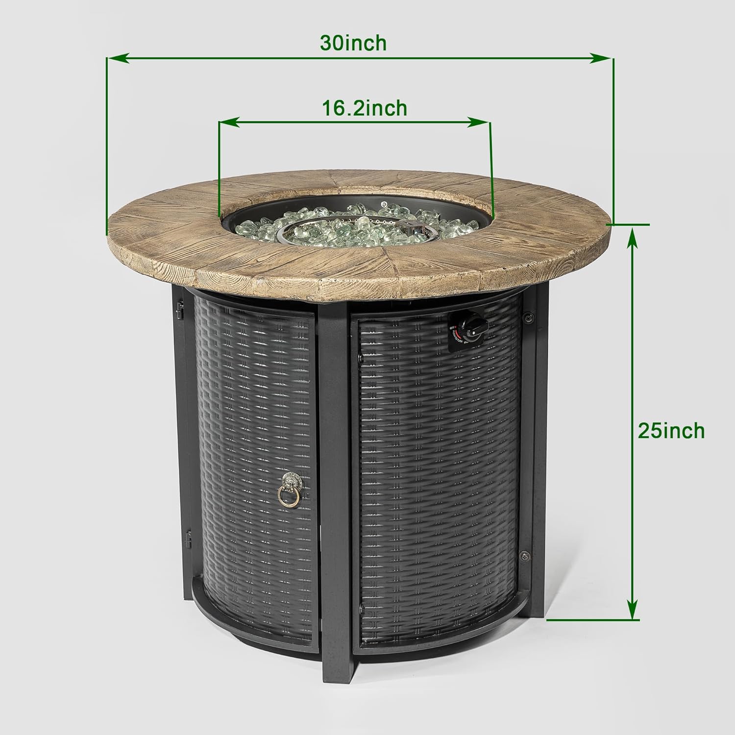 30-Inch Round Fire Pit Table with Textured Wood Grain Finish, Black Steel Propane Heater Delivers 50,000 BTU for Patio and Backyard Featuring Durable All-Weather Construction