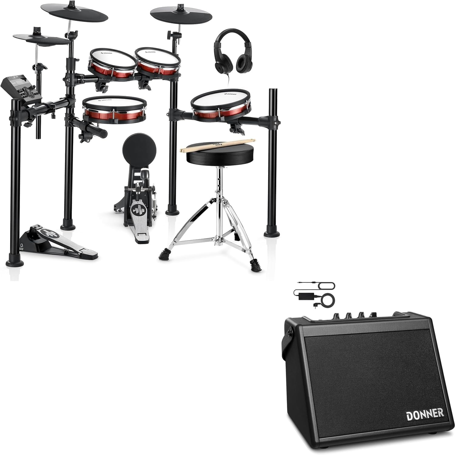 Donner DED-200 MAX Electronic Drum Set with Industry Standard Mesh Heads and Donner Mini Electric Drum Amp 20W Wireless Protable for Home Practice