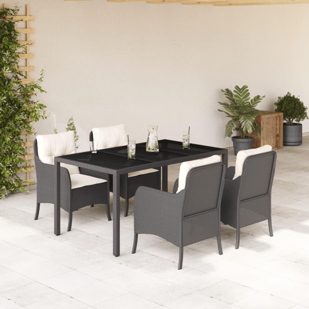 5 Piece Patio Dining Set with Cushions Black Poly Rattan,AllWeather Patio Dining Set with Rattan Chairs and Tempered Glass Table Furniture Sets for Patio, Lawn & Garden