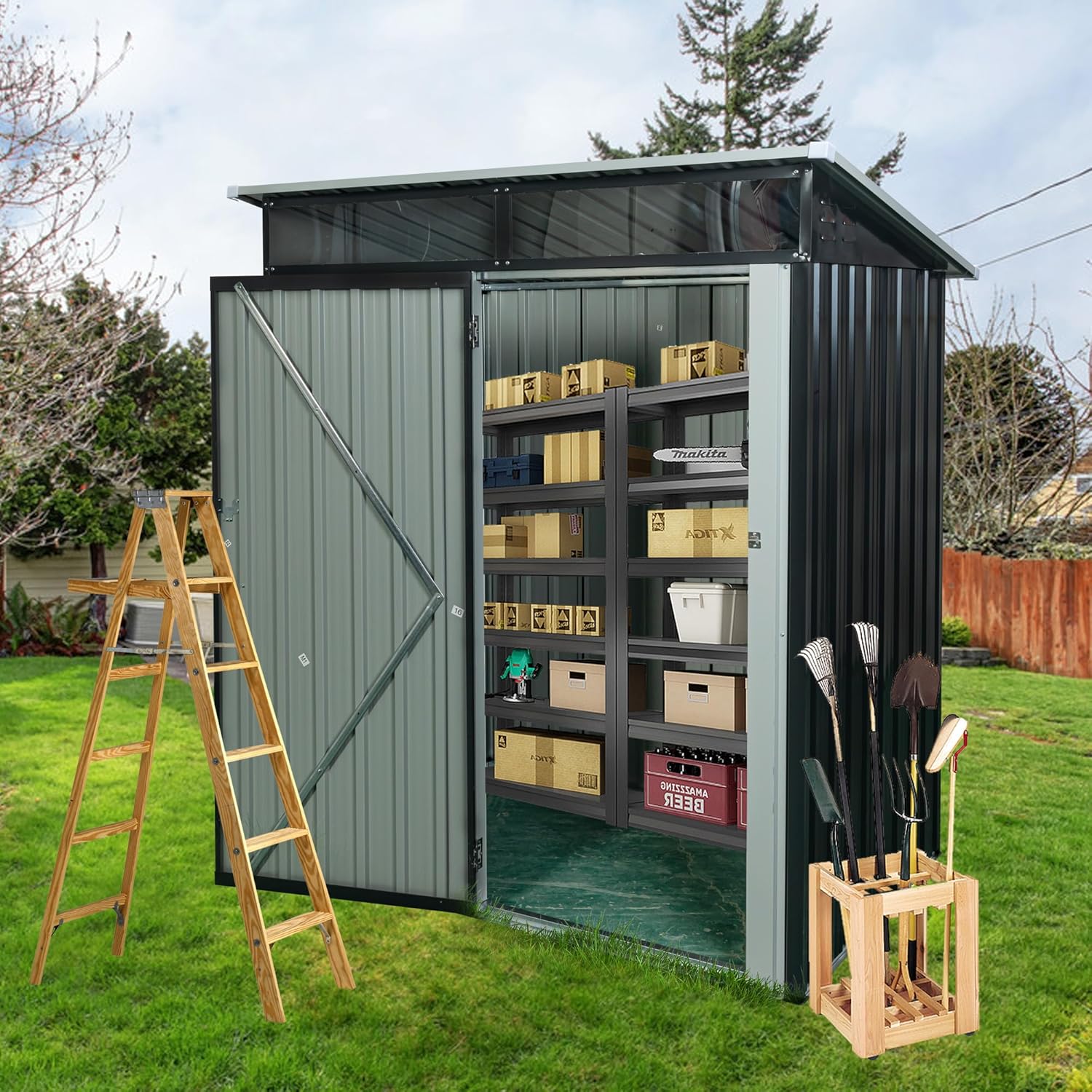 Multi-Functional Outdoor Garden Storage Shed,Metal Tool Shed with Transparent Plate and Latch,Outdoor Utility Room,Waterproof & UV Protection Patio Storage Shed,Black