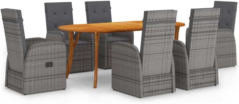 Furniture Sets 7 Piece Patio Dining Set Gray,AllWeather Patio Dining Set: Acacia Wood Table and PE Rattan Chairs with Cushions Garden Conversation Sets