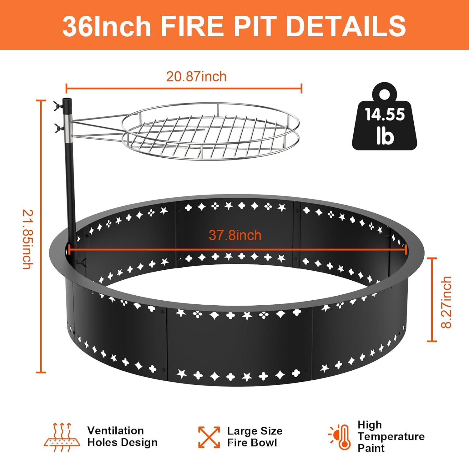 36inch Fire Pit with Grill, DIY Smokeless Firepit Bowl Metal Fire Rings for Outside, Large Round Smokeless Firepit Insert, Heavy Duty Carbon Steel Fire pits for Camping and Patio