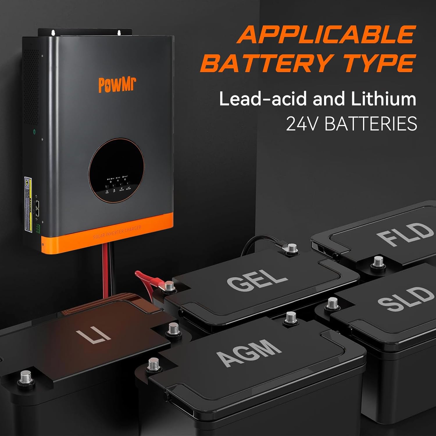 PowMr Solar Inverter 3000W 24V, Peak 9000W, Low-Frequency Pure Sine Wave Inverter 24V to 110V Built-in 60A MPPT Controller, fit for Lead-Acid Lithium Battery and Support Utility/Solar Charge