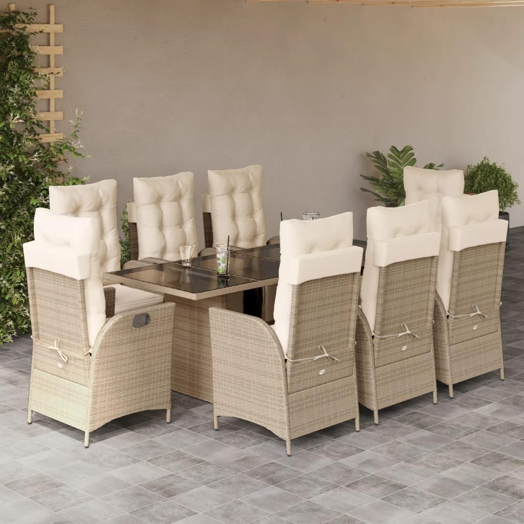 9 Piece Patio Dining Set with Cushions Beige Poly Rattan,Outdoor Patio Furniture Set Rattan Garden Table and Reclining Chairs with Cushions Furniture Sets for Patio, Lawn & Garden