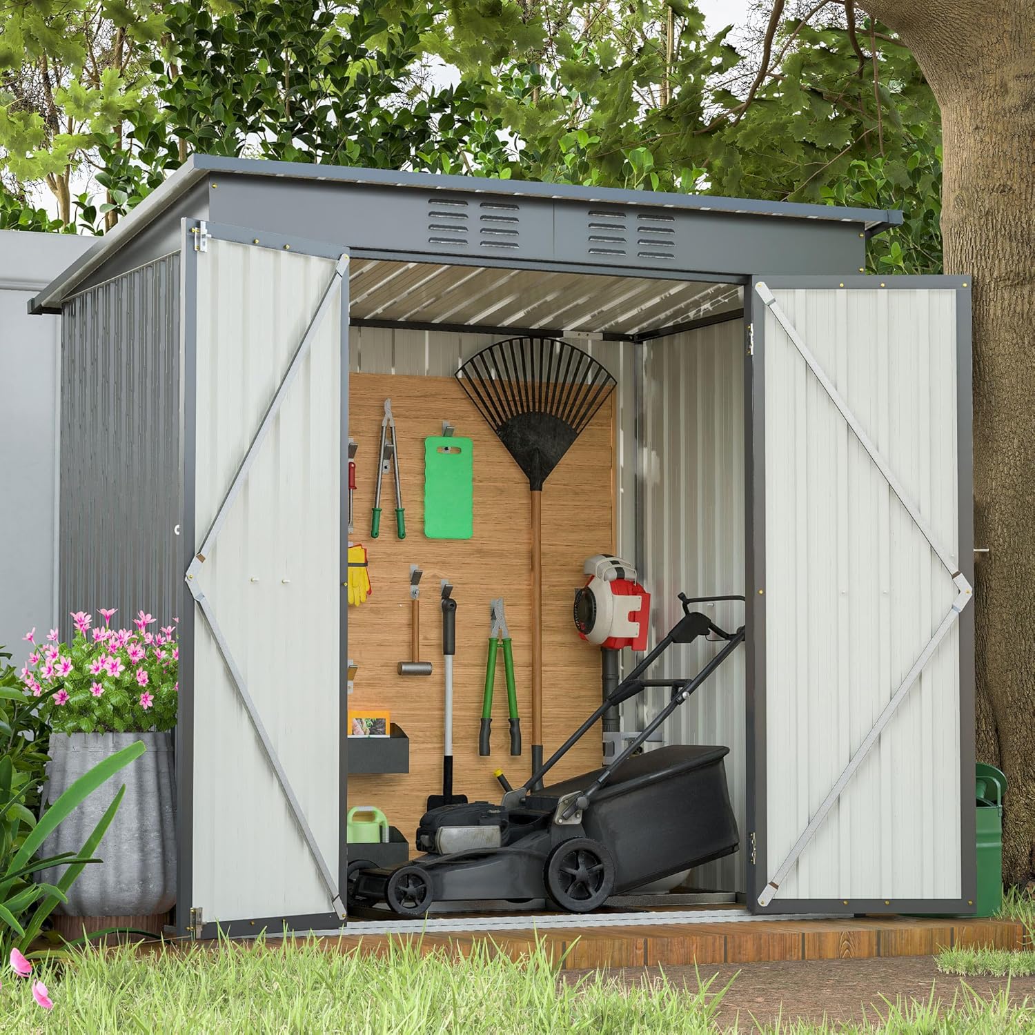 6 x 4 FT Outdoor Storage Shed with Floor Frame and Vents, Metal Tool Shed with Lockable Hinge Door, 125cu.ft All Weather Outdoor Sheds for Garden, Backyard, Lawn, Black