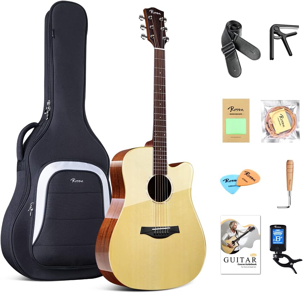Rosen G31 Dreadnought Acoustic Guitar Soild Spruce Top 41 Inch Guitarra Full Size Cutaway with Gloss Finish Bundle Starter Kit with Gig Bag, Strings, Strap, and Picks