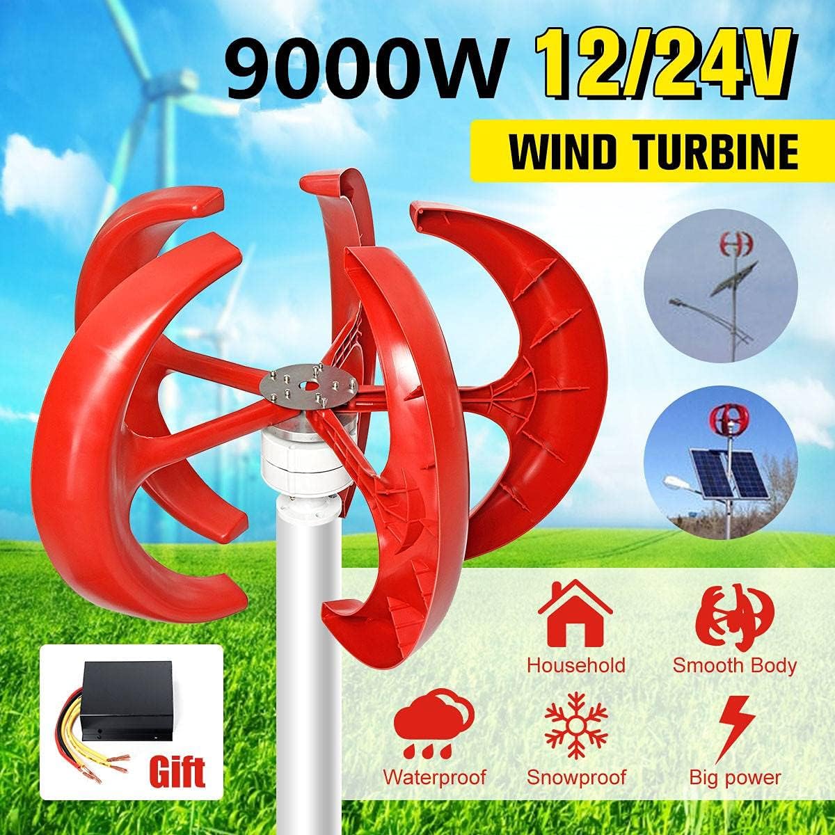 Red 9000W 5 Blades Vertical Axi Wind Turbines Generator Lantern 12V 24V Motor Kit Electromagnetic for Home Streetlight Use