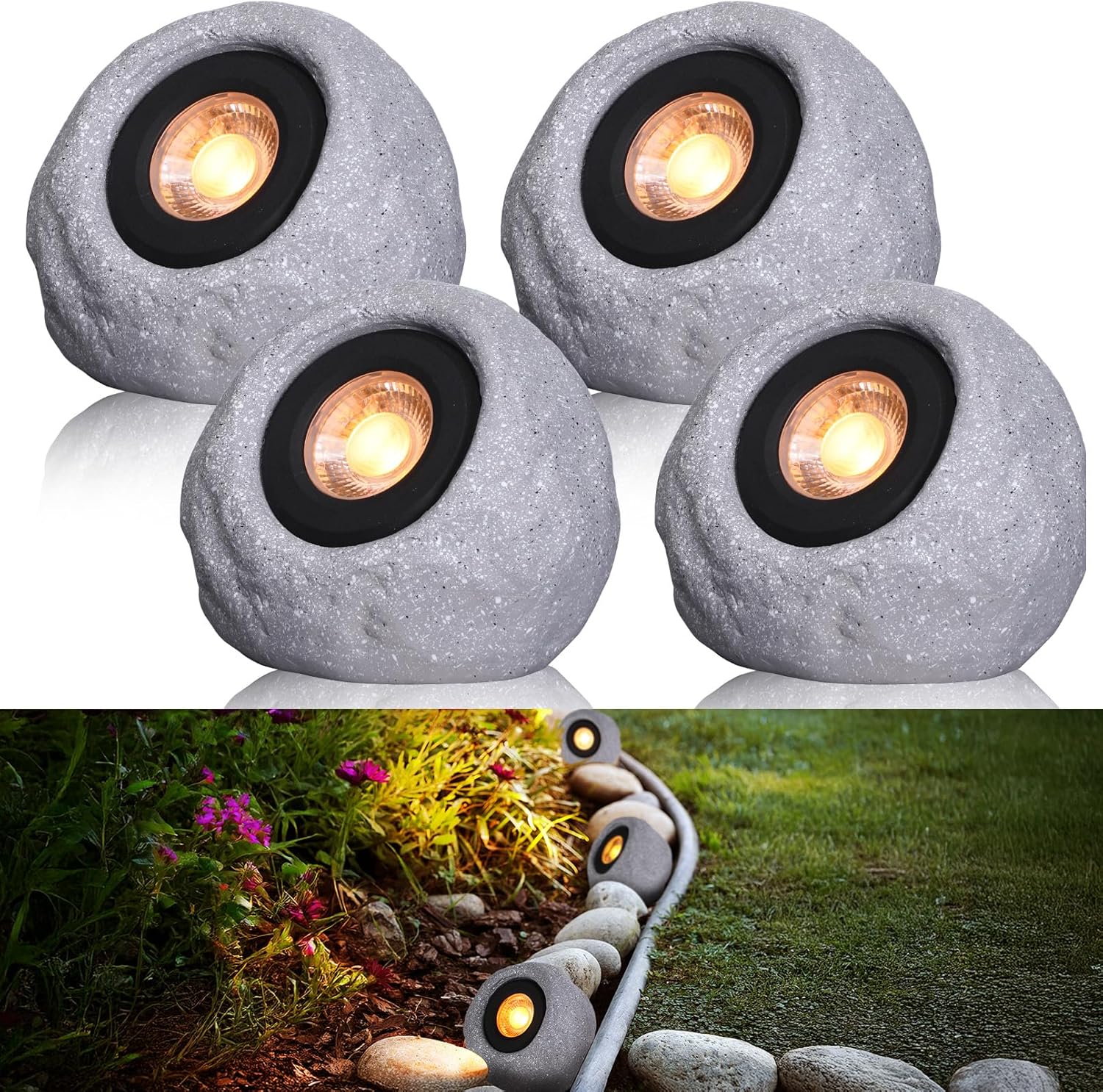LEONLITE 5CCT LED Rock Lights Outdoor, 5W Low Voltage Landscape Spot Light for Garden, Yard, Decorative Stone Light, 12-24V AC/DC, CRI90, 200lm, IP65 Waterproof, Round, Light Gray, Pack of 4